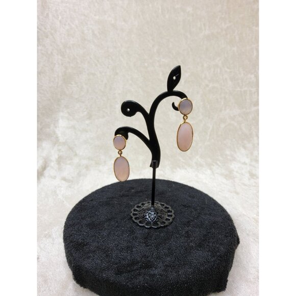 American Vintage Jewelry - Vintage Oval Briolette Cut Natural Pink Chalcedony Gemstone 1.5" Drop Earrings.